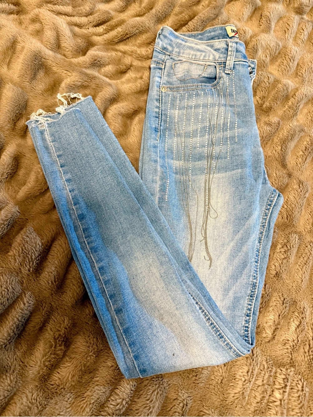 Light Blue Skinny Jeans with Chain Fringe Accent